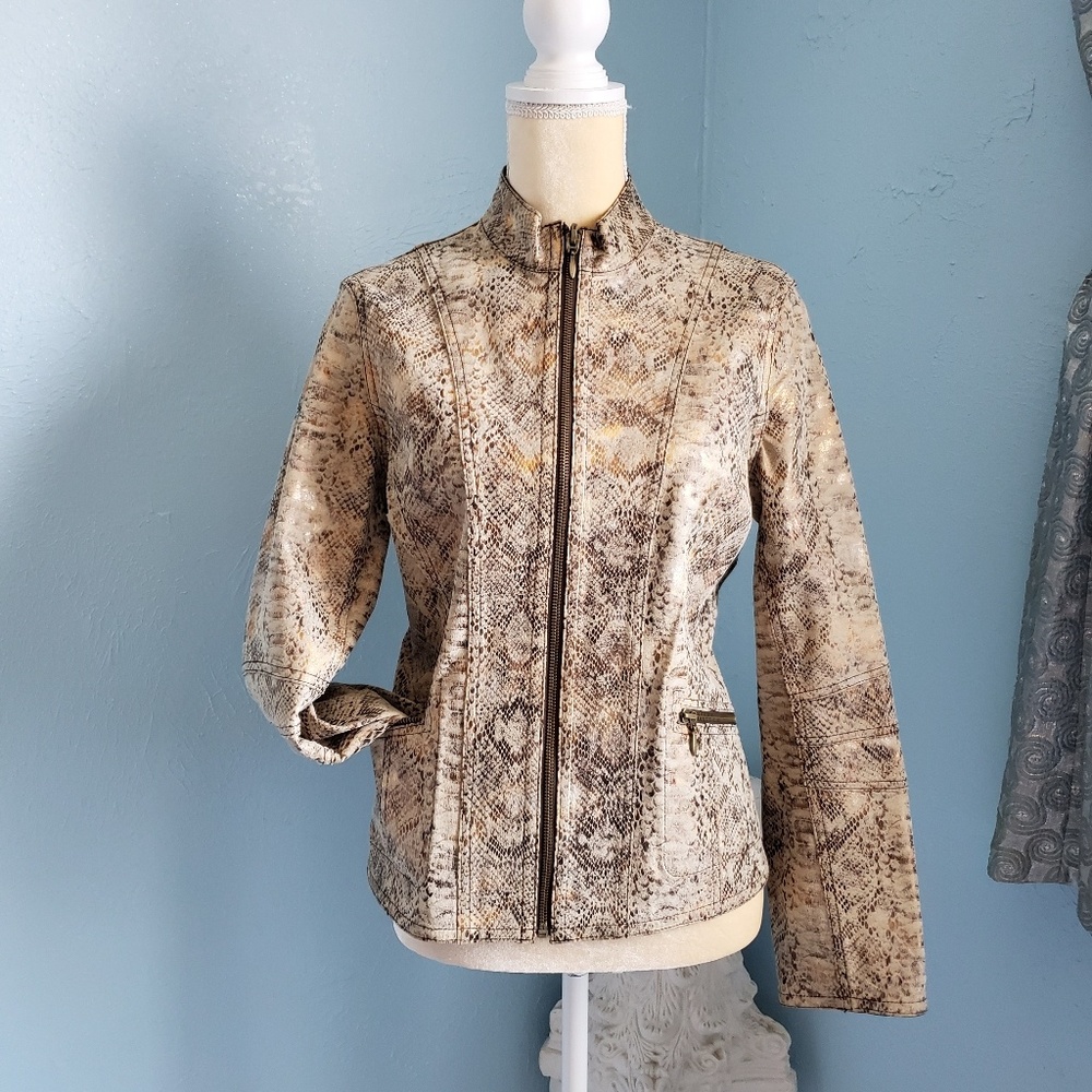 Chico's leather snake gold metallic coat Sz 0